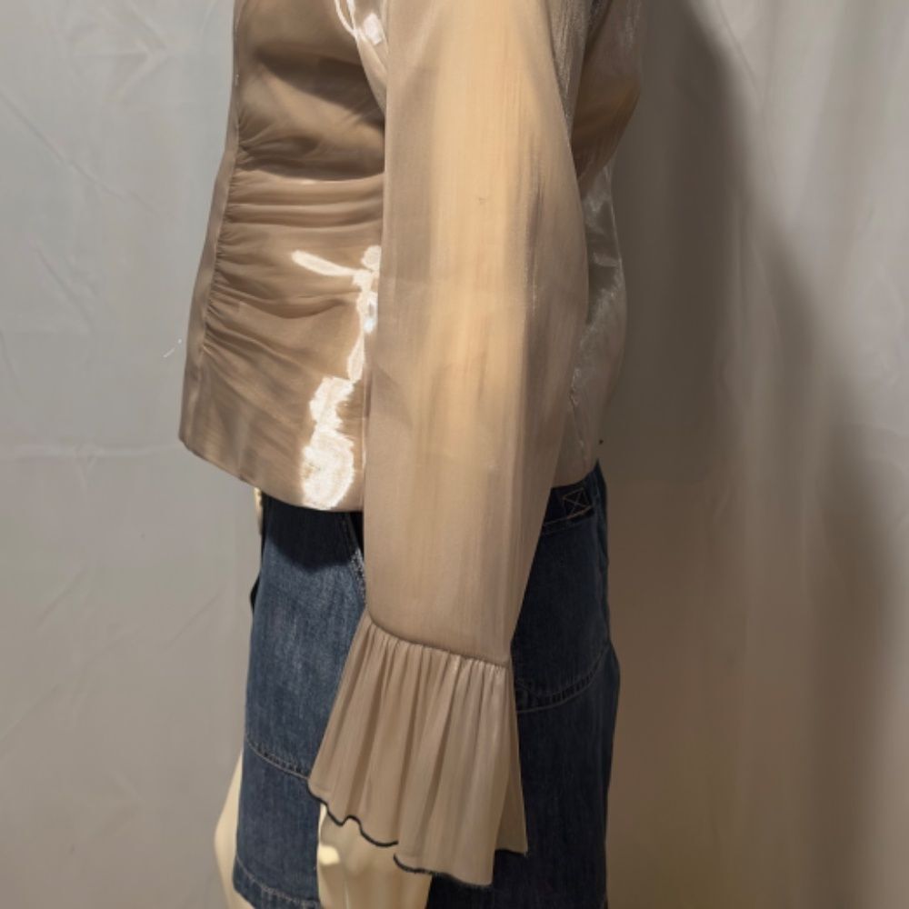 Vintage Gold Chiffon Sheer Organza Shirred Blouse Ruffled Sleeves Size Me… - Picture 4 of 6
